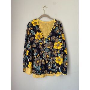 Plus size women’s floral blue and yellow tiered ruffle hem baby doll top